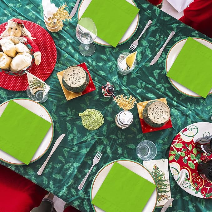 Whaline 100 Pcs Christmas Tableware Set Lime Green Disposable Dinnerware Set 50 Pcs Paper Plates 25 Pcs Napkin 25 Pcs Cups for Xmas Winter Birthday Party Supplies Table Decor