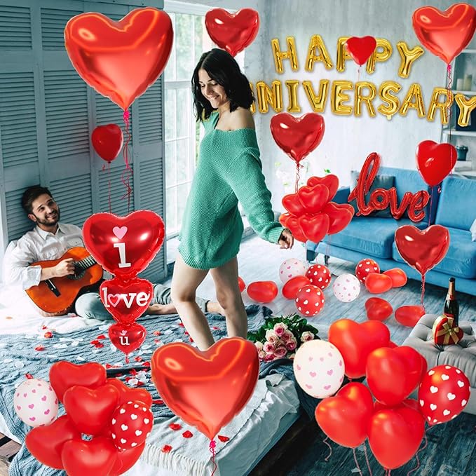 Happy Anniversary Decorations, Red Heart Balloons, Happy Anniversary Banner, Heart Hanging String, Rose Petals, Romantic Decor for Wedding, Valentines Day