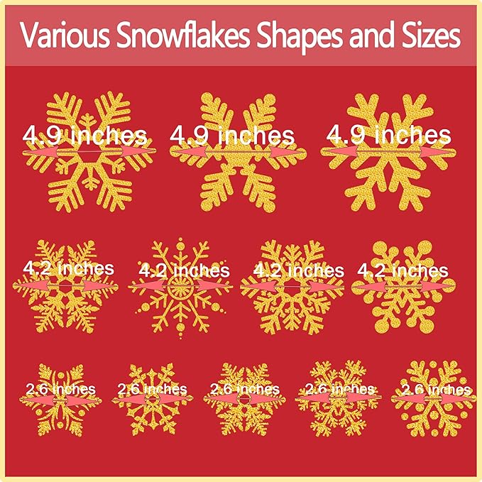 Gold Glitter Snowflake Window Clings 147PCS Sparkling Window Snowflakes Winter Wonderland Decorations for Home Office Christmas Party(Glitter Gold)