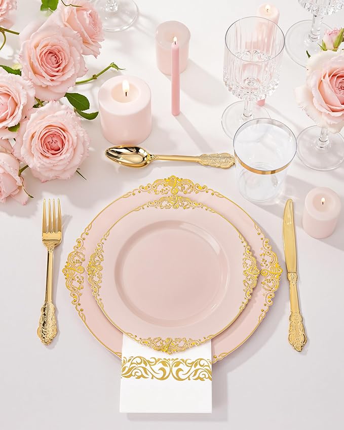 Nervure 350PCS Pink Plastic Plates - Pink Plastic Dinnerware Sets for 50 Guests - 100 Disposable Plates, 150 Gold Silverware, 50 Cups, 50 Napkins Perfect for Wedding & Party & Easter