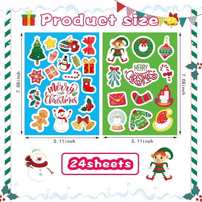 Christmas Stickers for Kids, Merry Christmas Theme Stickers Non-Repeating, Xmas Winter Holiday Party Favor, Stocking Stuffer for Kids, Xmas Gifts Decorations