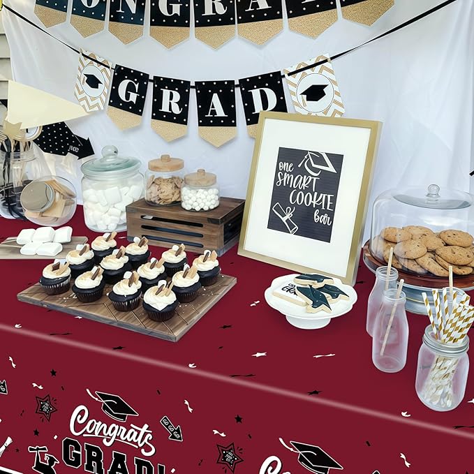 2-Piece 54 x 108 Inch Graduation Plastic Tablecloth – Graduation Disposable Rectangle Table Covers with “Congrats Grad” Design for Class of 2026 Party, School and Home Decorations
