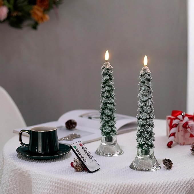4 PCS Flameless Christmas Tree Candles with Remote, Snow Covered Real Wax Flameless Taper Candles 9.65 Inch, LED Candlesticks Battery Operated with 3D Flickering Flame, Christmas Candles Decor