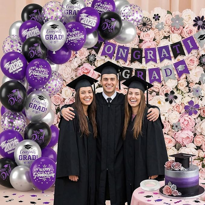 Purple Black and Silver Balloons,12 Inch Print You've Did It Happy Graduation 2026 Balloon and Confetti Balloons with Ribbon,for Graduation Class of 2026 Party Decoration Supplies
