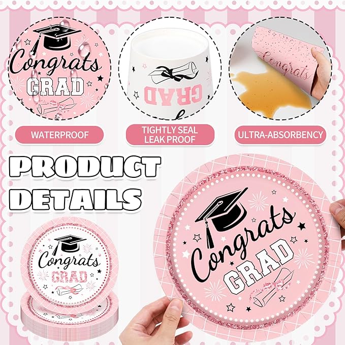 Whaline 175 Pcs Graduation Paper Plates and Napkins Set Dinnerware Pink Congrats Grad Disposable Tableware Cups and Cutlery for 25 Guests Graduates Party Supplies