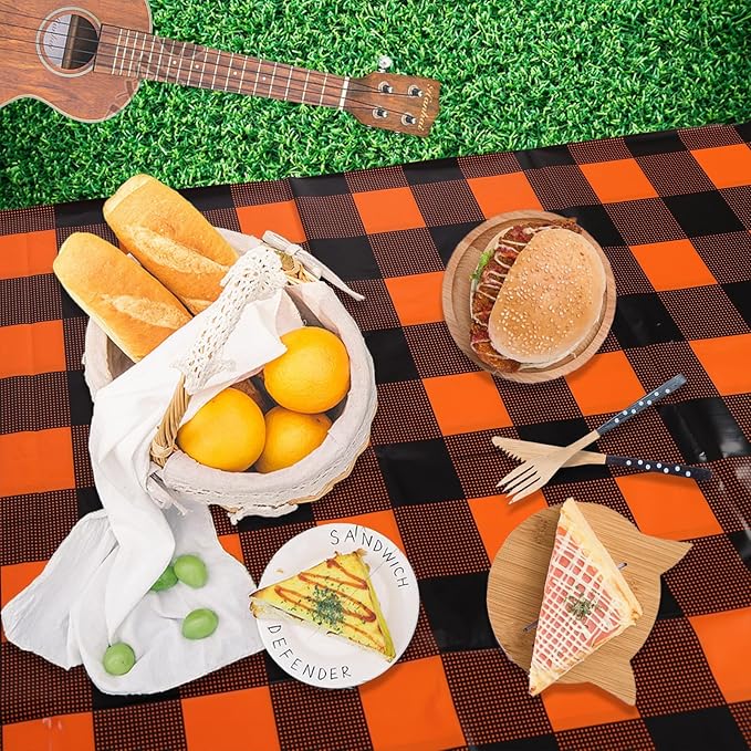 Kesfey 3 Packs Fall Orange Buffalo Check Plaid Tablecloth 54 x 108 Inches Waterproof Autumn Thanksgiving Gingham Table Cloth Disposable Orange and Black Plastic Checkered Picnic Tablecover for Camping