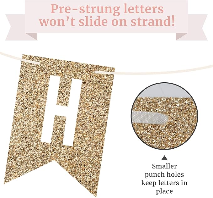 Pre-strung Happy Birthday Banner - No DIY - Gold Glitter Birthday Party Banner - Pre-strung Garland on 6 ft Strands - Gold Bday Party Decorations & Decor. Did We Mention No DIY