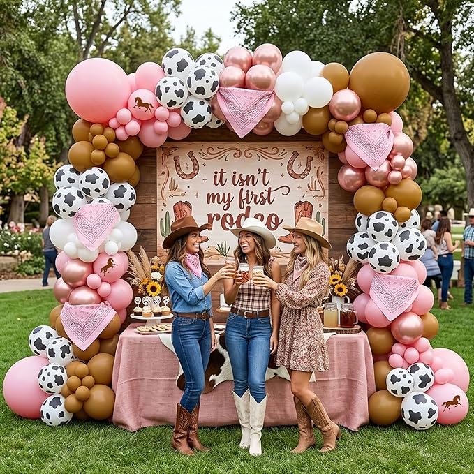 Cowgirl Balloon Arch Kit, Pastel Pink Brown White Rose Gold Balloon Garland with Cow Print and Paisley Bandana, for Rodeo Birthday Party, Western Baby Shower Decoration