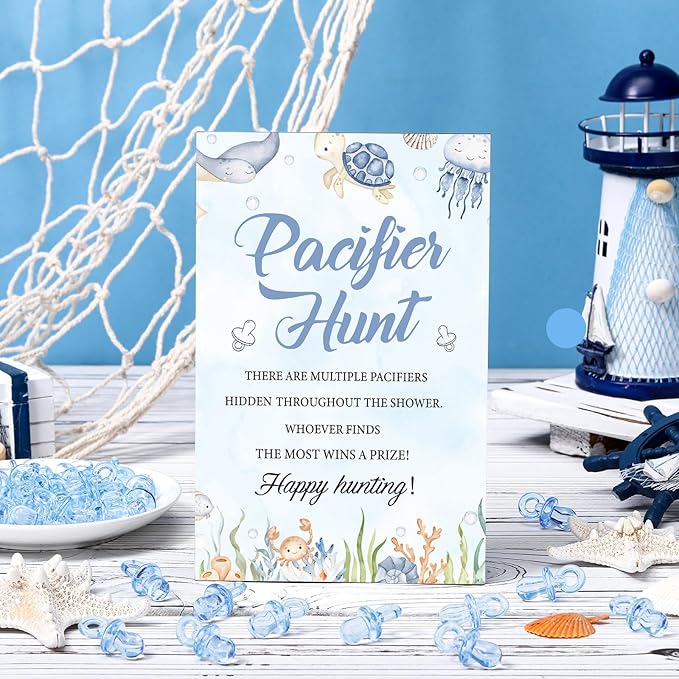 Thyle 51 Pcs Under The Sea Pacifier Hunt Baby Shower Games Include Hunt Sign and 50 Acrylic Pacifiers for Ocean Animal Baby Shower Game Decoration Sets Gender Reveal Newborn Announcement Party Decor