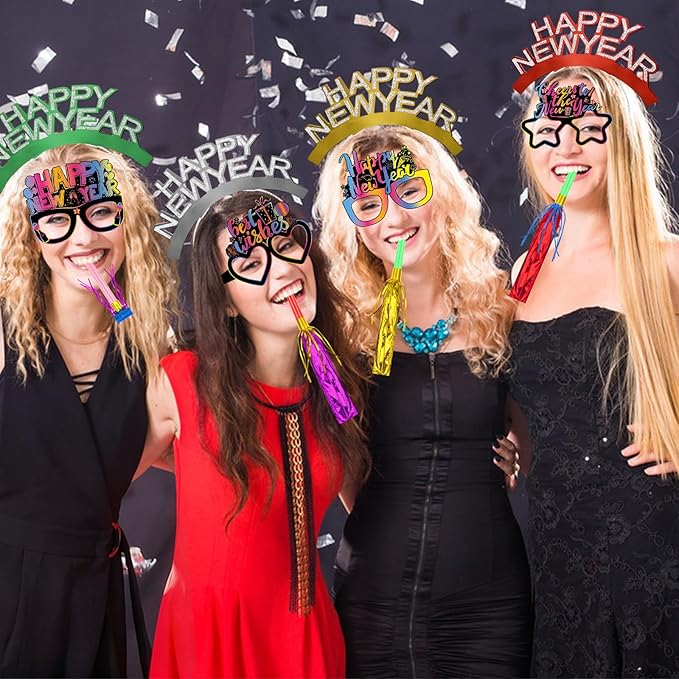 Openfly 36Pcs New Years Eve Party Supplies 2026 Happy New Year Hats Headband Tiara Noise Makers Paper Glasses Party Favors