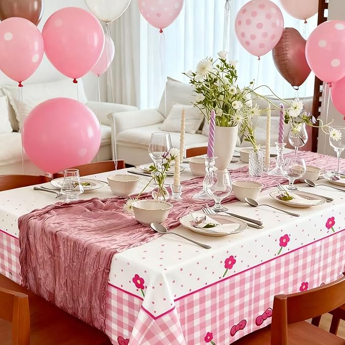 Pink Bow Flower Tablecloth 2 Packs, Pink White Gingham Cute Plastic Tablecloths Disposable Birthday Party Decoration, 54" x 108" Waterproof Tablecloth for Girls Birthday Princess Party Supplies