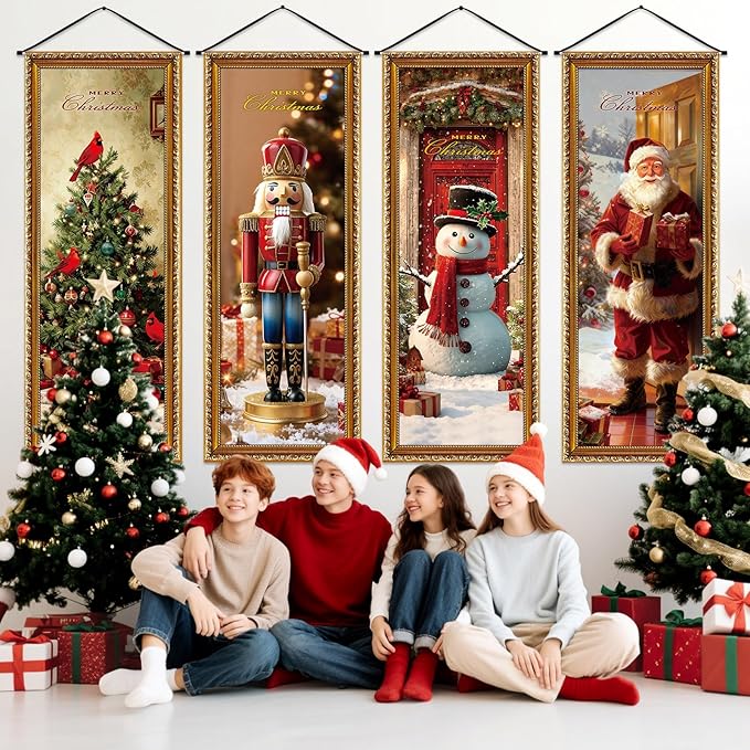 Panelee 4 Pcs Christmas Porch Banners Snowman Santa Nutcracker Xmas Tree Stretching Portraits Wall Decorations Christmas Porch Sign Backdrop for Xmas Indoor Outdoor Wall Hanging Decor