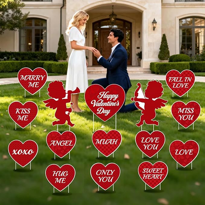 15 PCS Valentine's Day Decorations Valentine's Day Yard Signs, Valentines Love Heart Outdoor Decorations, Happy Valentines Day Heart Yard Signs, Valentine's Day Wedding Anniversary Outdoor Decor SetLawn Pathway Decor