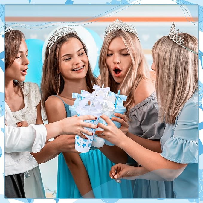 12 Pcs Bow Cups with Lids and Straws and Straw Caps 24 oz Reusable Drinking Cups Bulk for Birthday Wedding Baby Shower Bridal Shower Party Favors