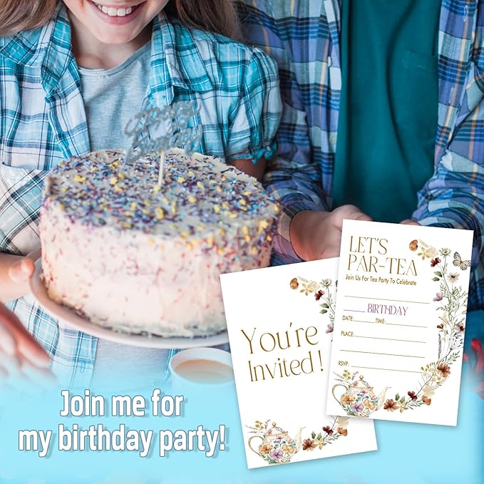 Let's Par-Tea Birthday Invitations, 25 Floral Tea Party Invites Cards with Envelopes, Double-Sided Fillable, Birthday Invitations for Teens Adults, Birthday Party Supplies (4 x 6 Inch) -A18