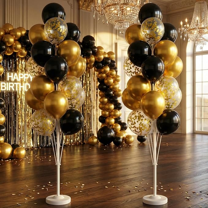Balloon Column Kit Set of 2 With Confetti Balloons Included - with Base, and Pole,Balloon Tower Backdrop Decoration for Wedding, Baby Shower, Birthday Party, or Bachelorette Parties (Black Gold)