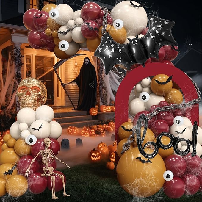 Halloween Balloon Garland Arch Kit, Scary Halloween Decorations 3D Bat Boo Foil Balloons Spooky Red Dark Brown Eyeball Latex Balloons for Indoor Outdoor Fall Bloody Horror Birthday Party Decorations