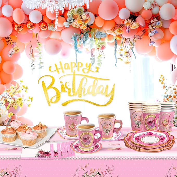 WorldBazaar Tea Party Disposable Tableware Set Pink Tea Party Supplies 12 Sets Floral Paper Tea Cups and Saucers Plates Napkins Tablecloth Pink Birthday Table Decorations Women Girls Adults