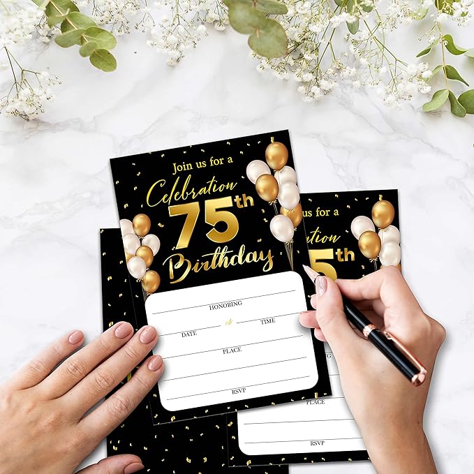 75th Birthday Invitation Cards with Envelopes - Classic Gold Theme Fill in The Blank Birthday Party Invite Cards, for Man, Woman Entertain Banquet Party Supplies, 20 Invites With Envelopes - B19