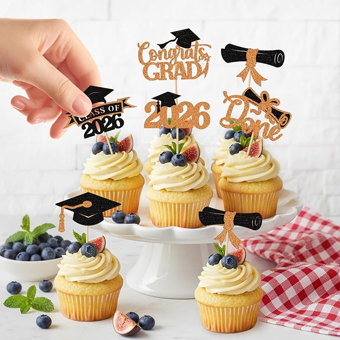 2026 Graduation Cupcake Toppers, 36 pack Orange Glitter Class of 2026 Congrats Grad Diploma Cap Cupcake Picks for 2026 Graduation Party decorating Supplies
