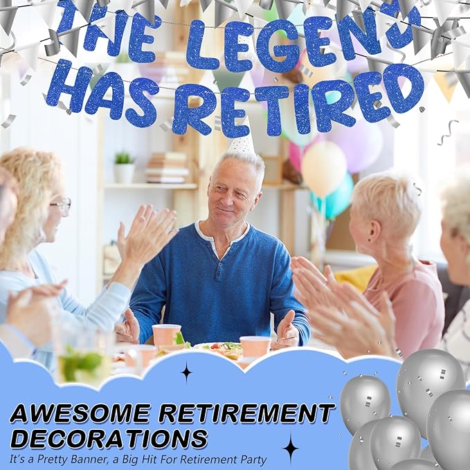 Fulmoon Pre Strung the Legend Has Retired Glitter Banner 9.8 ft Retirement Banner Retirement Party Decorations Garland Bunting for Men Women Gifts, No DIY(Blue)
