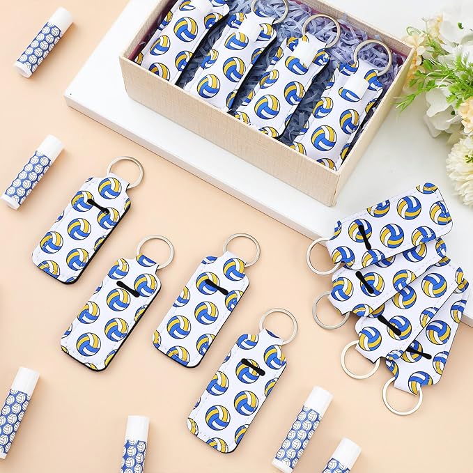 18 Sets Volleyball Party Favors Lip Balm and Lipstick Holder Keychain Bulk Tri-color Volleyball Goodie Bags Stuffers Sport Team Gifts Natural Moisturizing for Sport Lover Player Party Supplies