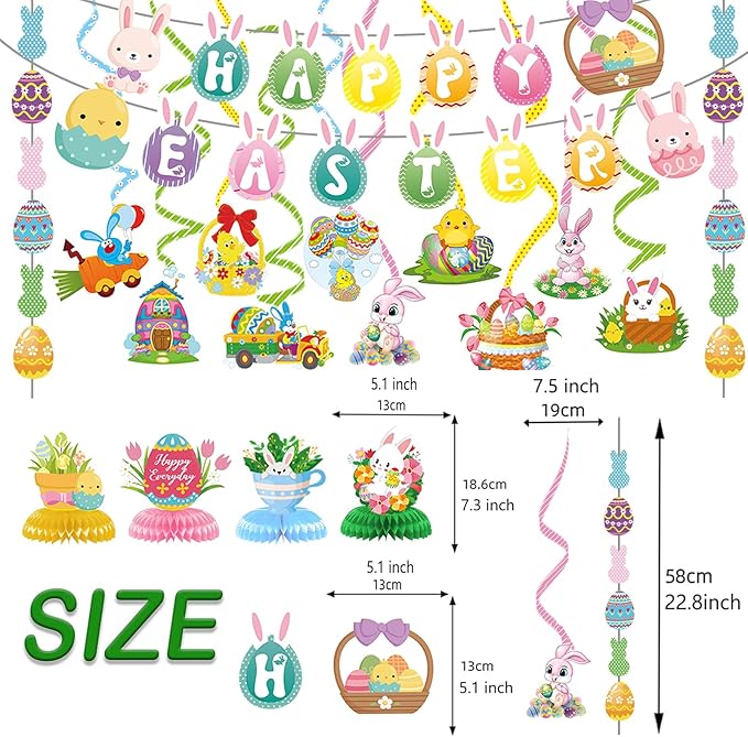 Easter Decorations for Home Decor - 47Pcs Danner Kit, Happy Easter Banners with 3D Bunny Backdrop for Photography Birth Party Favors for Class Office Ceiling Decor Yard Garden Outdoor
