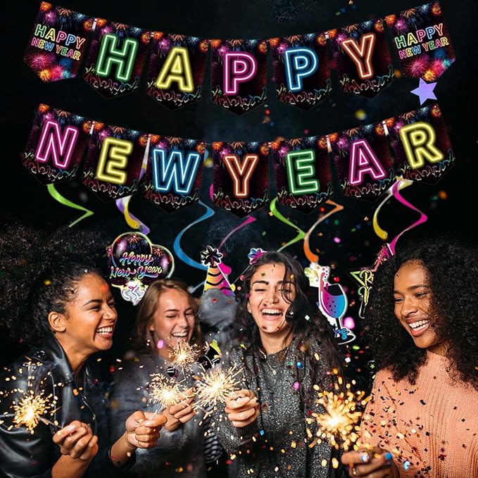 Happy New Year Decorations 2026 Colorful Happy New Year Banner & Ceiling Hanging Swirls Perfect for New Years Eve Party Supplies 2026