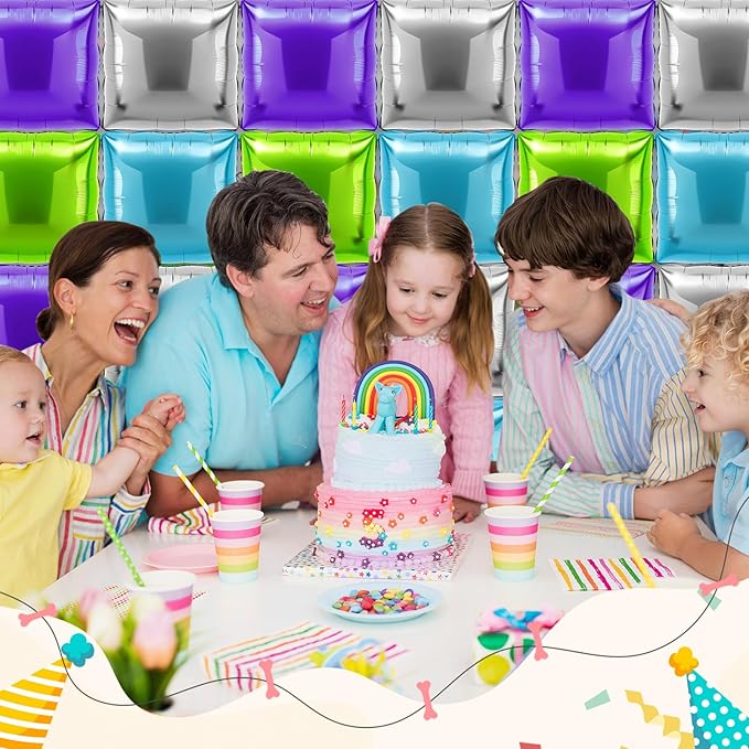 36 Pcs Buzz Birthday Decorations Balloons Brick Square Foil Balloons Wall Backdrop Arch Kit Double Sided Metallic for Cartoon Video Game Party Supplies(Green Purple Blue Silver)