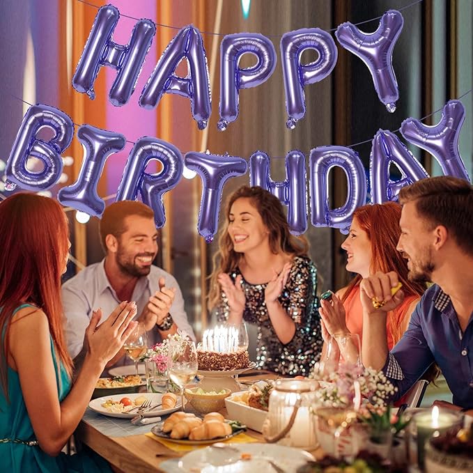 KALOR Pruple Happy Birthday Balloons Banner, 16 Inch Mylar Foil Letters Balloon Sign for Birthday Party Decorations Photo Booth Backdrop