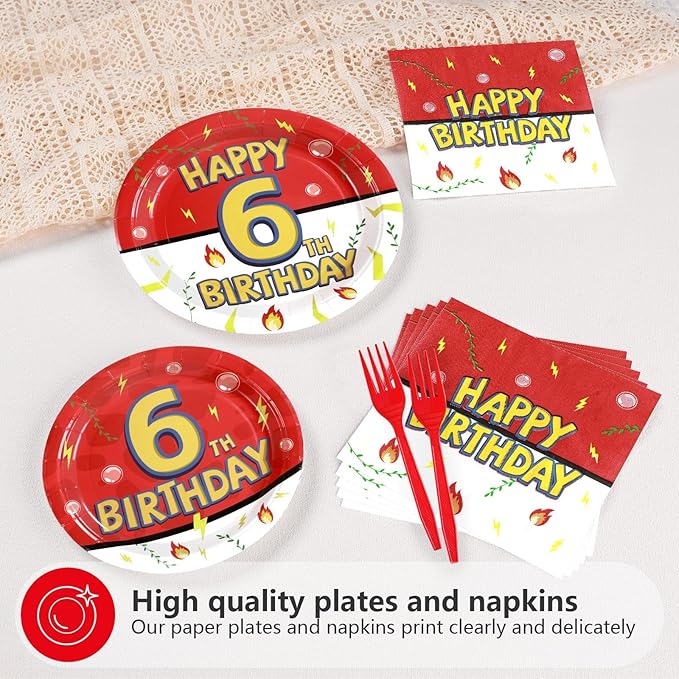 Grencian 96Pcs Happy 6th Birthday Party Supplies Cartoon Anime Themed Paper Plates and Napkins Tableware Sets Red and White Decoration for 6 Year Old Birthday Kids Children Party Serves 24