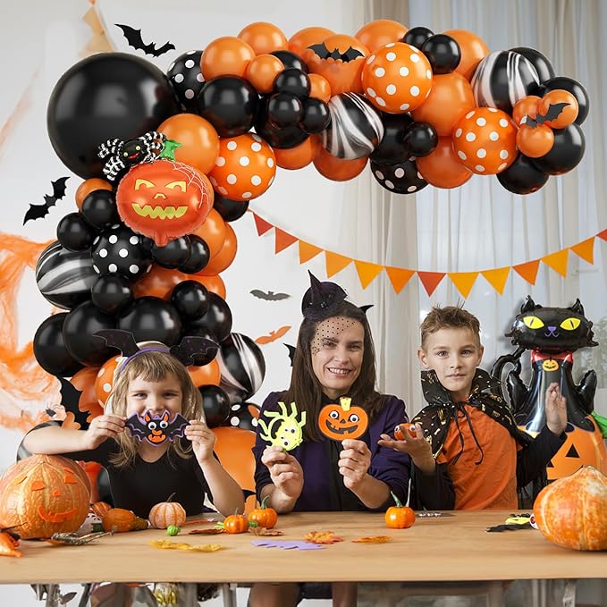 Halloween Balloon Arch Garland Kit, Orange and Black Balloon Arch Kit with 3D Bat Stickers, Boo Spider Bat Pumpkin Cat Pumpkin Spider Foil Balloons Polka Dot Balloons for Halloween Decorations