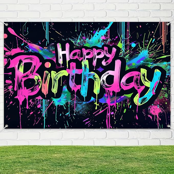 Neon Happy Birthday Banner 120x84 inch Photography Backdrops Party Background Decorations Colorful Graffiti Splash Paint KidsBirthday Supplies Glow in The Dark