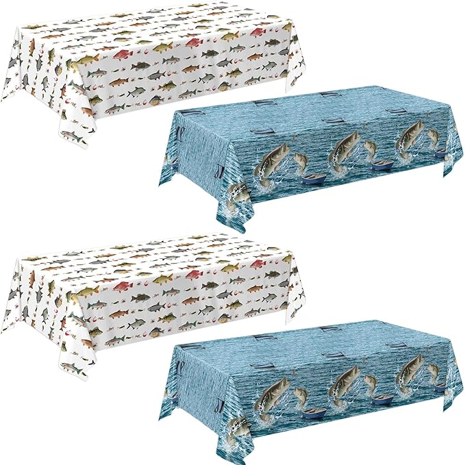 4 Pack Fish Tablecloths, Fishing Birthday Party Decorations, Gone Fishing Plastic Tablecloths for Bass Ofishally One Birthday Decorations, 54" × 108"