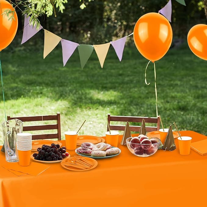 ADXCO 169-Piece Orange Party Pack: Plates, Cups, Napkins, Utensils, Tablecloth for 24 Guests - Orange Wedding or Birthday Party Decorations