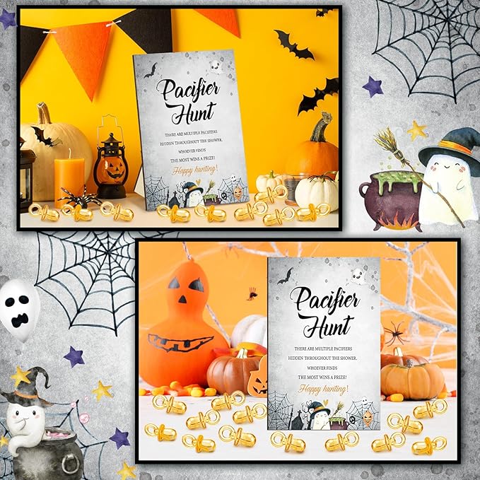 Thyle 51 Pcs Pacifier Hunt Baby Shower Games Include Hunt Sign and 50 Acrylic Pacifiers for Baby Shower Game Decoration Gift Sets Gender Reveal Party Decor(Halloween)