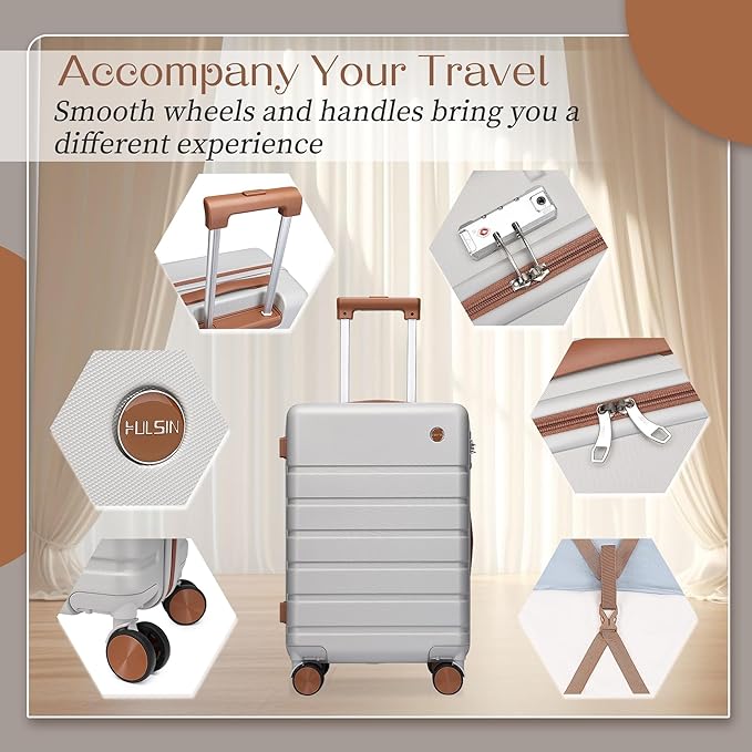 Hulsin Carry on Luggage Suitcase, 22x14x9 Airline Approved 20 Inch Hardside Carry-on Luggage with Spinner Wheels, Hard Shell Luggage with TSA Lock, Hard Case Small Travel Suitcase (Silvery, 20-Inch)