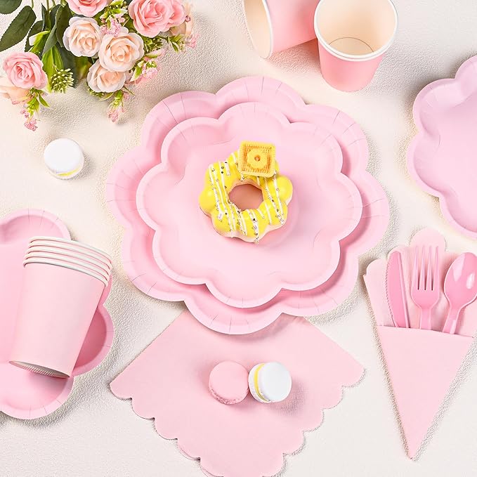 350 Pcs Pink Paper Plates and Napkins Set, Tableware Set for 50 Guests Include Disposable Pink Scalloped Plates, Napkins, Cups, Knives, Forks & Spoon for Baby Shower Easter Party Wedding Birthday