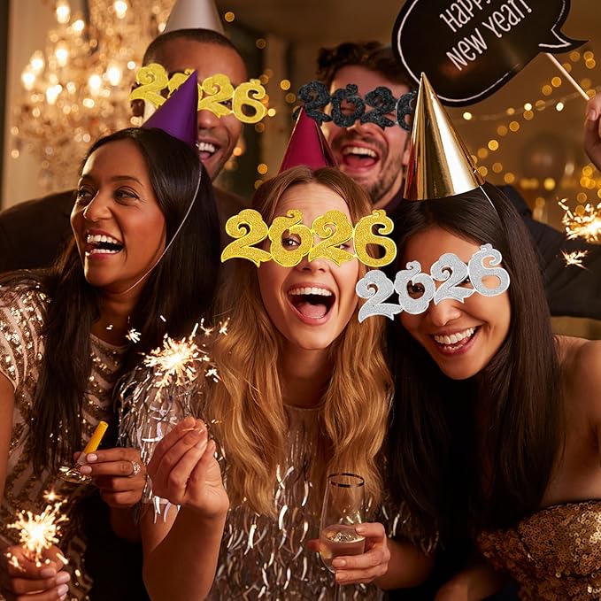 Kanayu 3 Pcs 2026 New Years Party Supplies Glasses New Years Eve Glasses Props for Women Men, Gold, Silver, Black(Cloud Style)