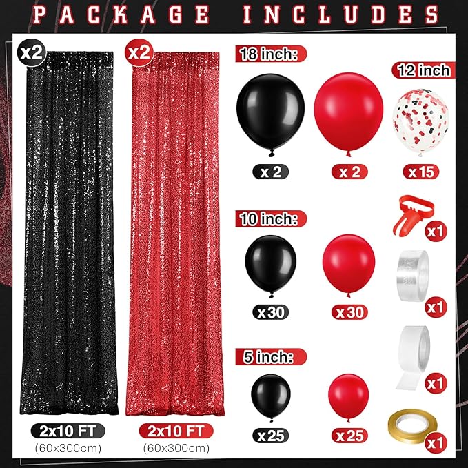 137 Pcs Red Black Party Backdrop Kits, 4 Sequin Backdrop Curtain 133 Balloon Arch Kit Garland Photo Background for Graduation Prom Wedding Anniversary Birthday Movie Night Decor