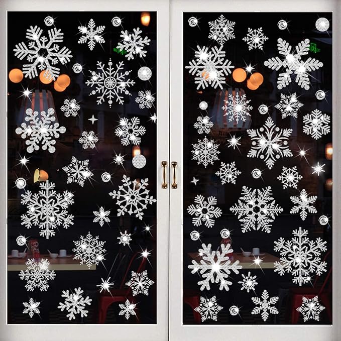 Glitter Snowflake Window Clings, 147PCS Silver Sparkling Christmas Window Clings Winter Wonderland Decorations for Home Christmas Party (Glitter Snowflake)