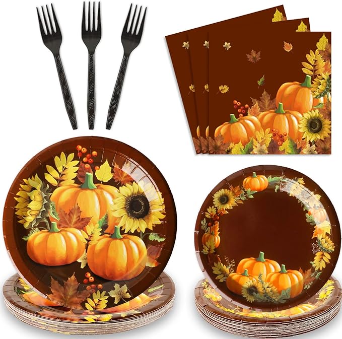 chiazllta 96 Pcs Thanksgiving Party Paper Plate and Napkins Supplies Fall Pumpkin & Sunflower Dessert Plates Thanksgiving Disposable Tableware Paper Plates Napkins Forks for Party Favors 24 Guests