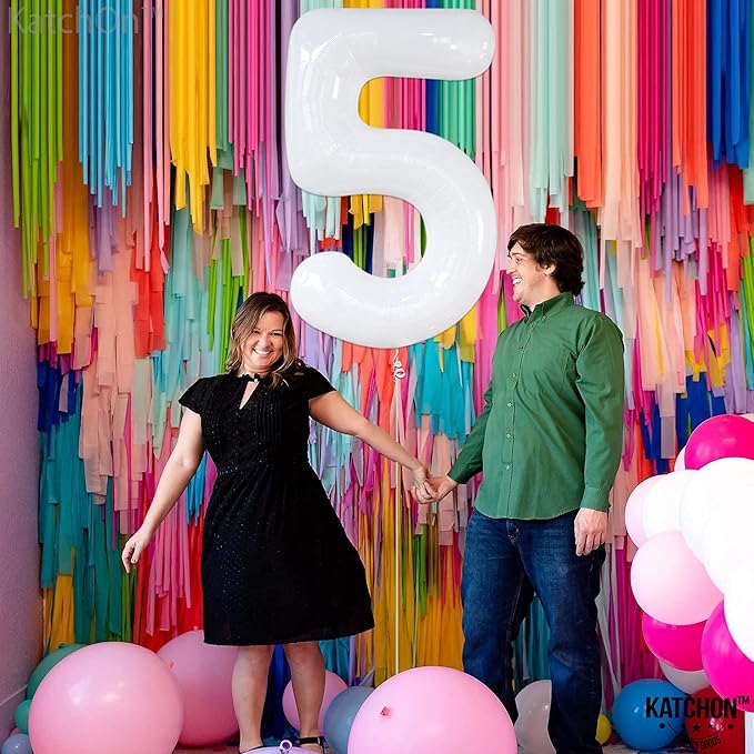 White Number 5 Balloons for 5th Birthday Decorations - Large 40 Inch 5th Birthday Decorations | 5 balloon number| Birthday Number Balloons | White 5th Birthday Party Supplies