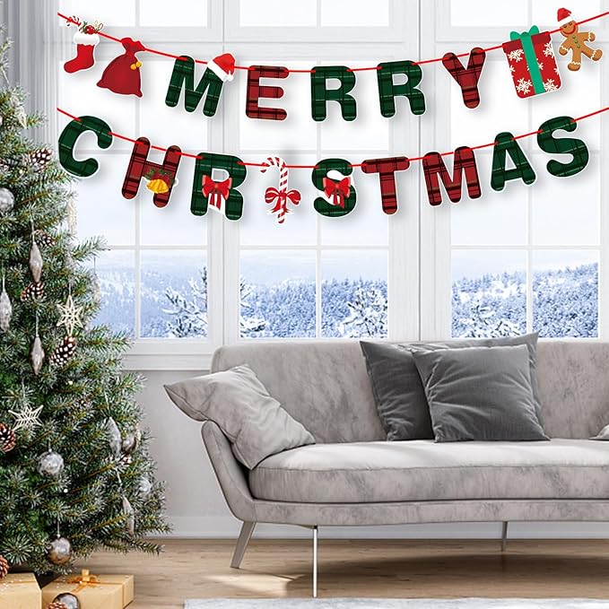 Merry Christmas Banner- Xmas Banners Bunting with Gingerbread Socks Signs, Red Green Paper Hanging Banner Felt Garland for Christmas Outdoor Indoor Home Mantle Fireplace Decor and Party Decorations