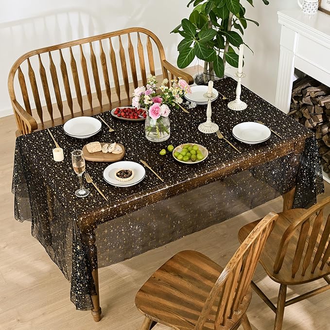Horaldaily Black Gold Sparkling Star Gauze Tablecloth 60x84 Inch Rectangular, Golden Star Sequin Glitter Metallic Foil, Sheer Tulle Cheesecloth for Wedding Baby Shower Party