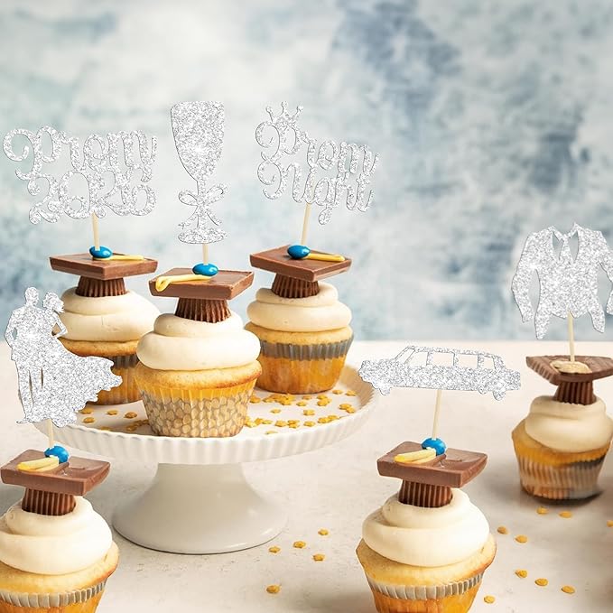 Gyufise 24Pcs Prom Cupcake Topper Prom Decorations for Party 2026 Grad Cupcake Topper 2026 Grad Decor Class of 2026 College Decorations Party Decorations Silver
