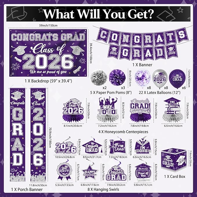 Purple and Silver Graduation Decorations 2026 Set, All-in-1 Kit with Congrats Grad Banner Class of 2026 Backdrop Porch Sign Balloons Centerpieces Card Box Pom Poms Streamers for College High School