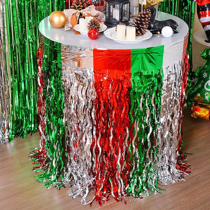 LOLStar Christmas Party Decorations, 4 Pack Red Silver and Green Wavy Metallic Tinsel Foil Fringe Table Skirt for Rectangle & Round Tables, Perfect Table Decorations for Christmas Ugly Sweater Party
