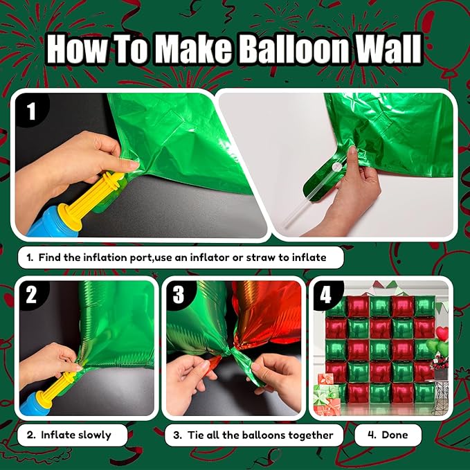 36PCS Square Foil Balloon Wall Backdrop,19 inch Double-Sided Metallic Balloons for Party,Wedding,Anniversary,Birthday,Graduation,Halloween,Shiny Balloon Decor (Red&Green)