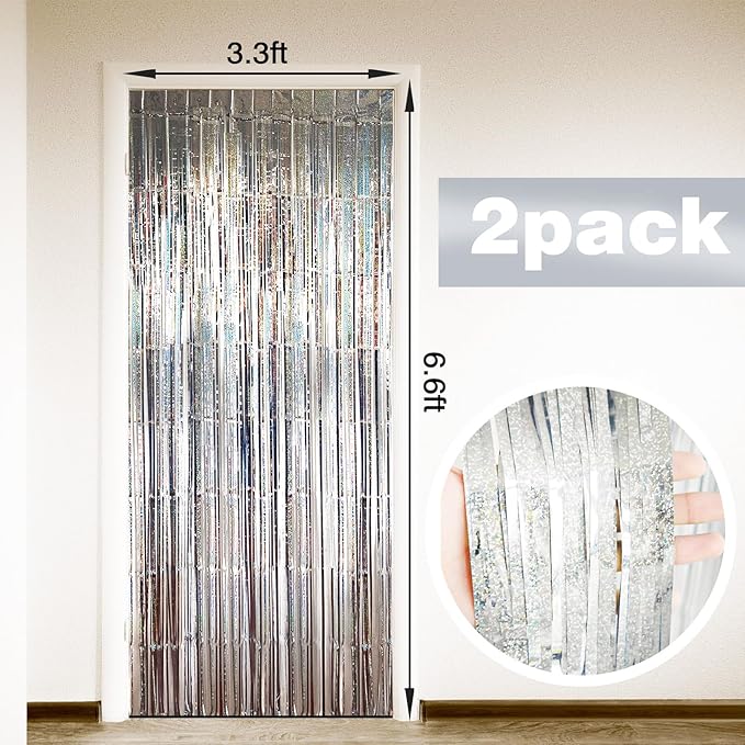 MYUPDALIN 2 Pack Silver Foil Fringe Tinsel Backdrop Party Decorations for New Years/Disco/Prom/Dance/Christmas/Bachelorette Party Decorations